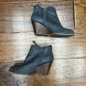 Report laser cut side zip ankle wedge boots